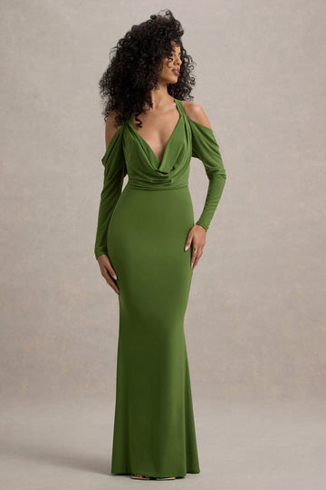 Hurghada Green Plunge-Neck Long-Sleeve Maxi Dress